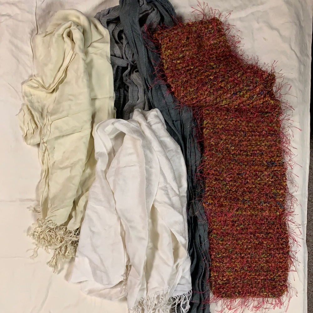 Shawls, 5 total. One hand knitted, one beige, one white two gray